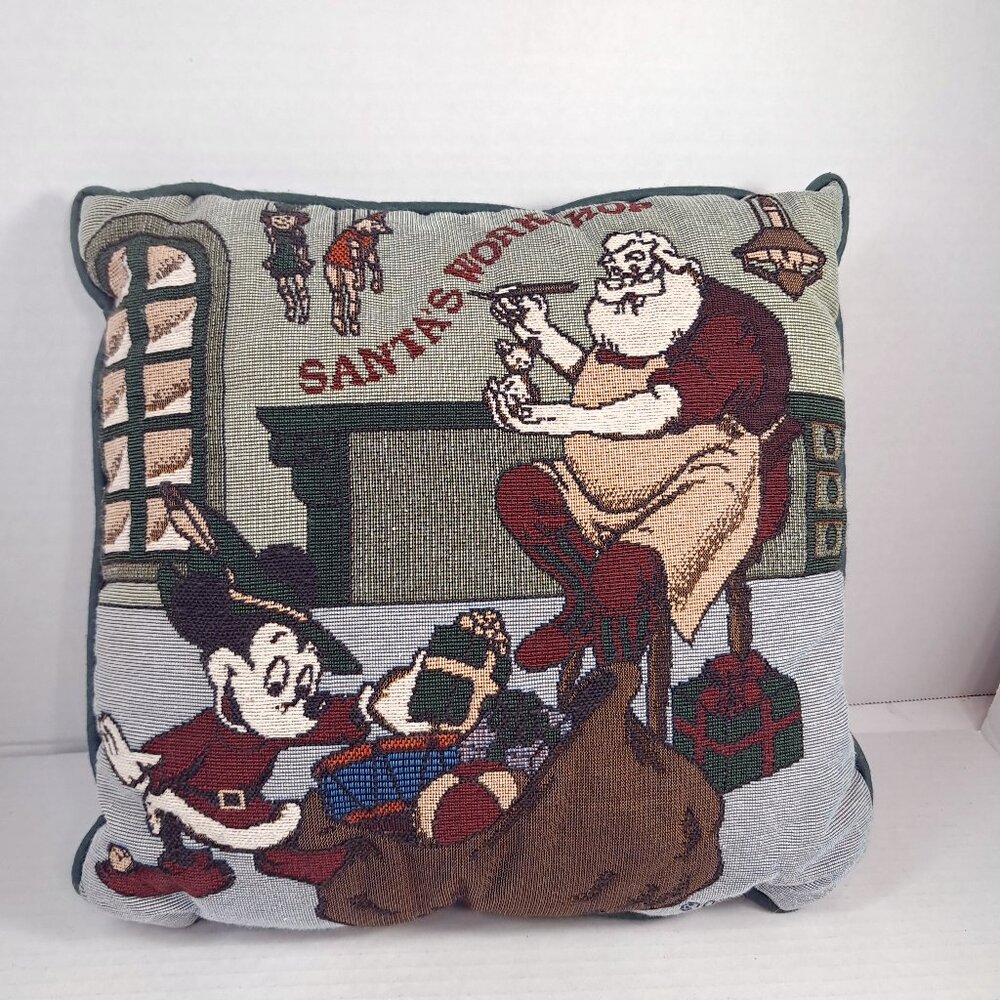 Disney Mickey Mouse Santa's Workshop Christmas Tapestry Pillow throw accent‎